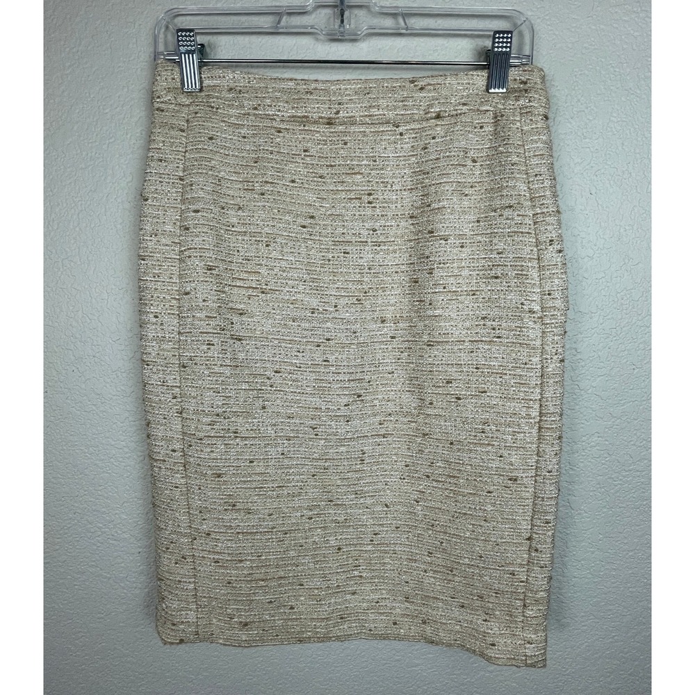 Magaschoni Pencil Skirt Womens 6 Ivory Beige Side Zip Slit Tweed Knit Career